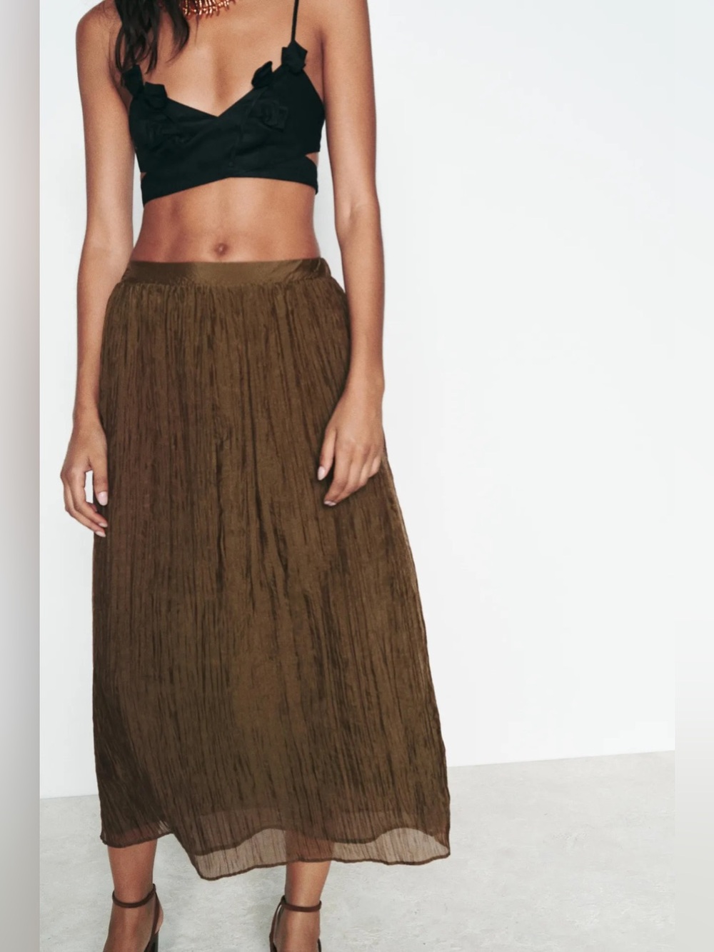 ZARA Wrinkle Effect Midi Skirt in Brown Size Large
